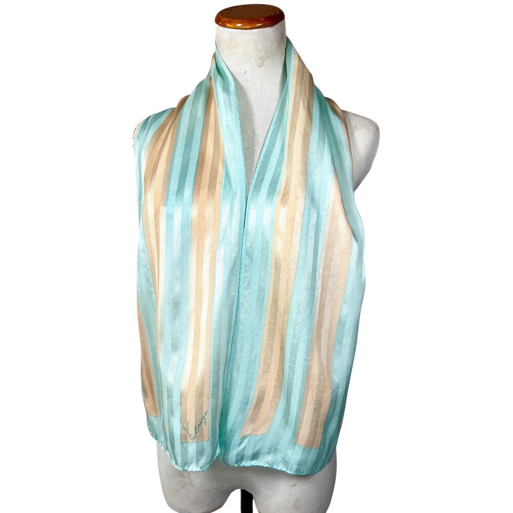 Vintage Kenzo Paris Signed Silk Scarf Blue Off White Striped Rectangular 54x10